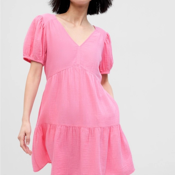 Gap pink crinkle gauze puff sleeve tiered mini dress - Picture 4 of 8